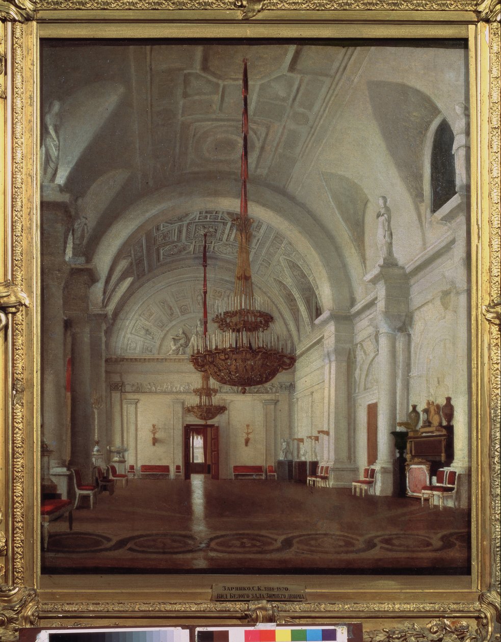 Näkymä Talvipalatsin Valkoisesta salista Pietarissa. Sergei (Sergei, Sergei) Konstantinovich Zaryankon (Zarianko) (1818-1870) maalaus öljy kankaalle. venäläistä taidetta tekijältä Sergey Konstantinovich Zaryanko