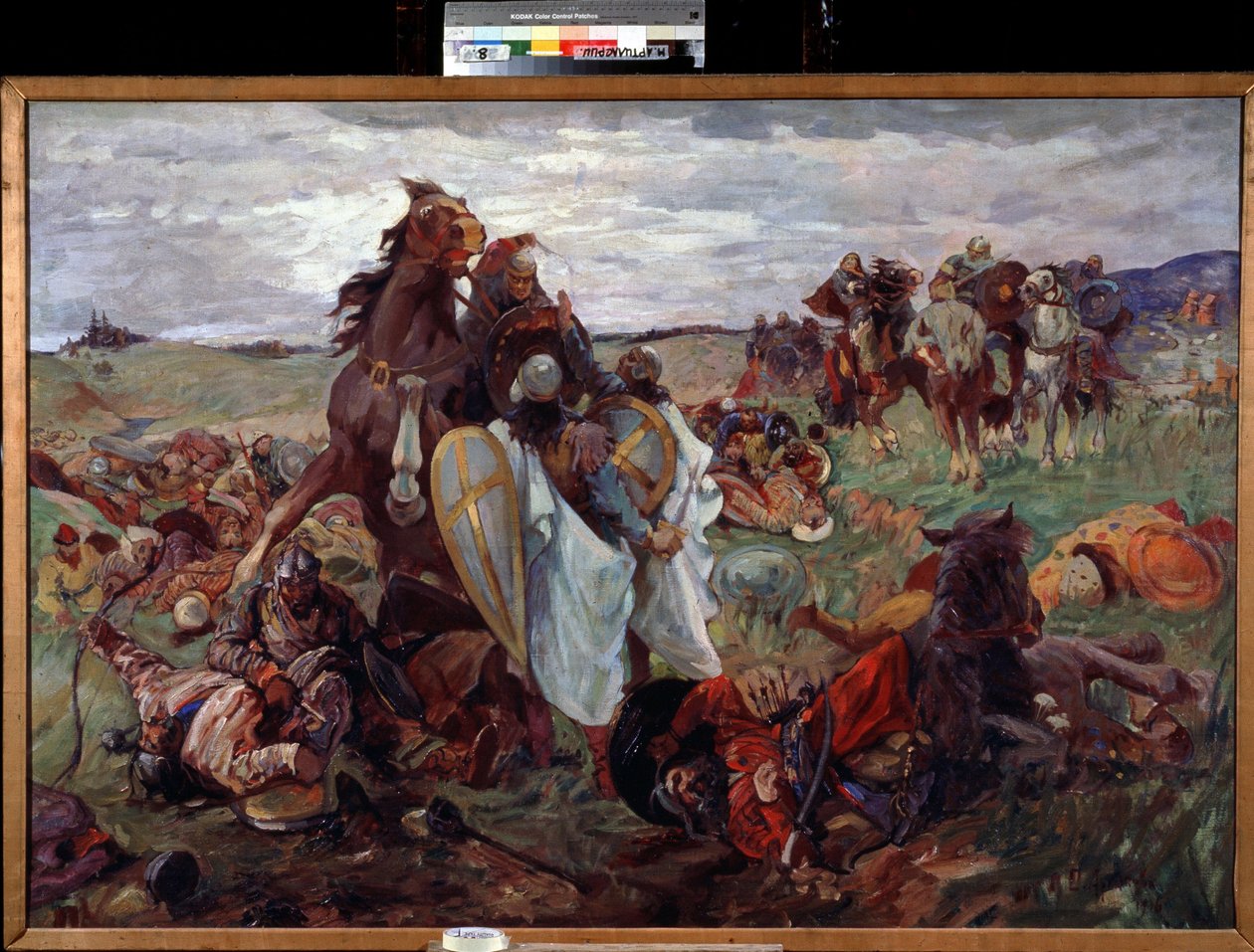 Taistelu venäläisten ja tataarien (tatarien) välillä (Venäläisten ja tataarien välinen taistelu). Sergei Nikolajevitš Arhipovin maalaus (1881-1936 jälkeen). Öljy kankaalle tekijältä Sergey Nikolayevich Arkhipov