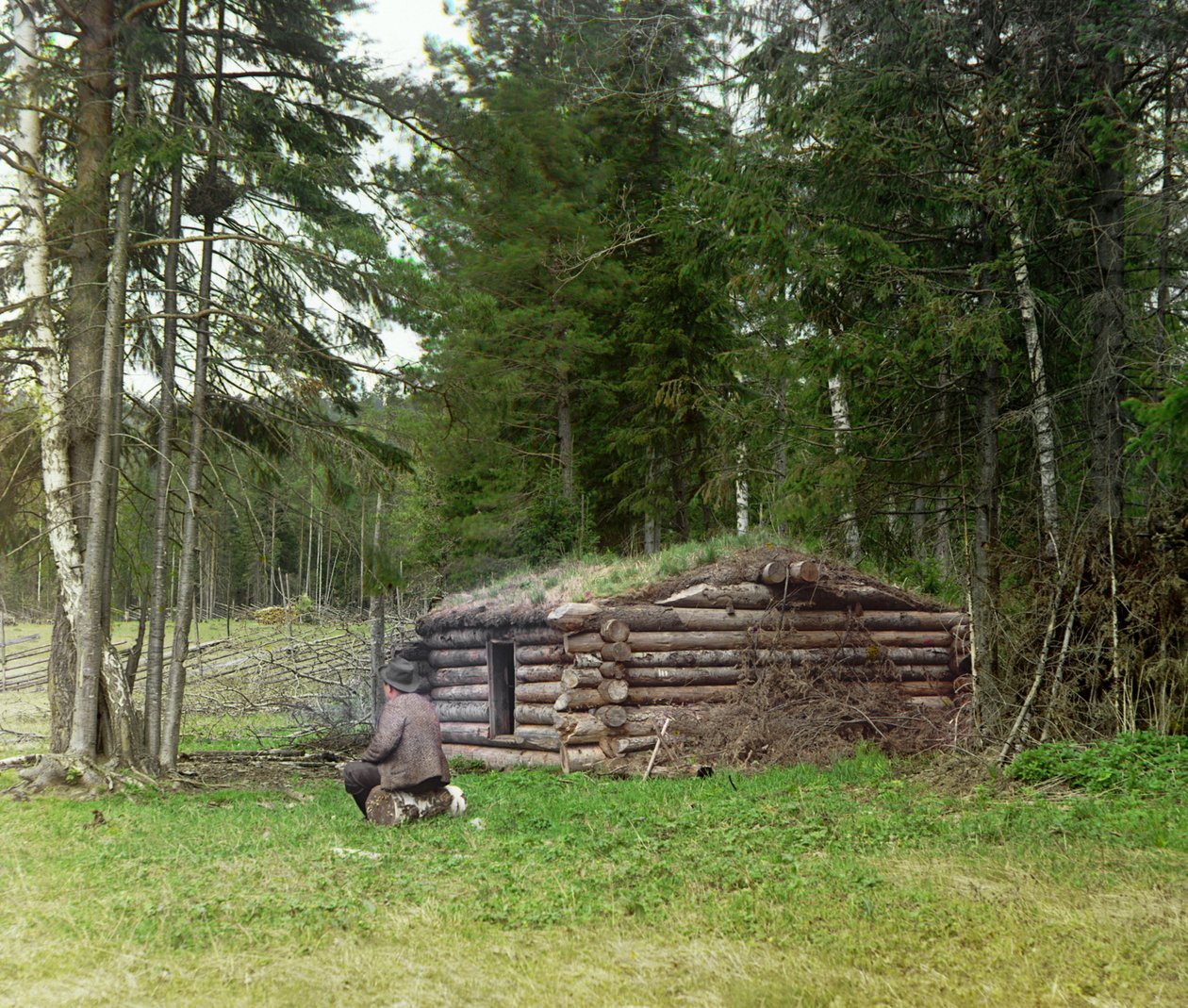Mies puuhakkuiden ja kuria (hiilenpoltto) kotan edessä metsässä, Venäjän valtakunnassa, vuosina 1905-1915 tekijältä Sergey Prokudin Gorsky