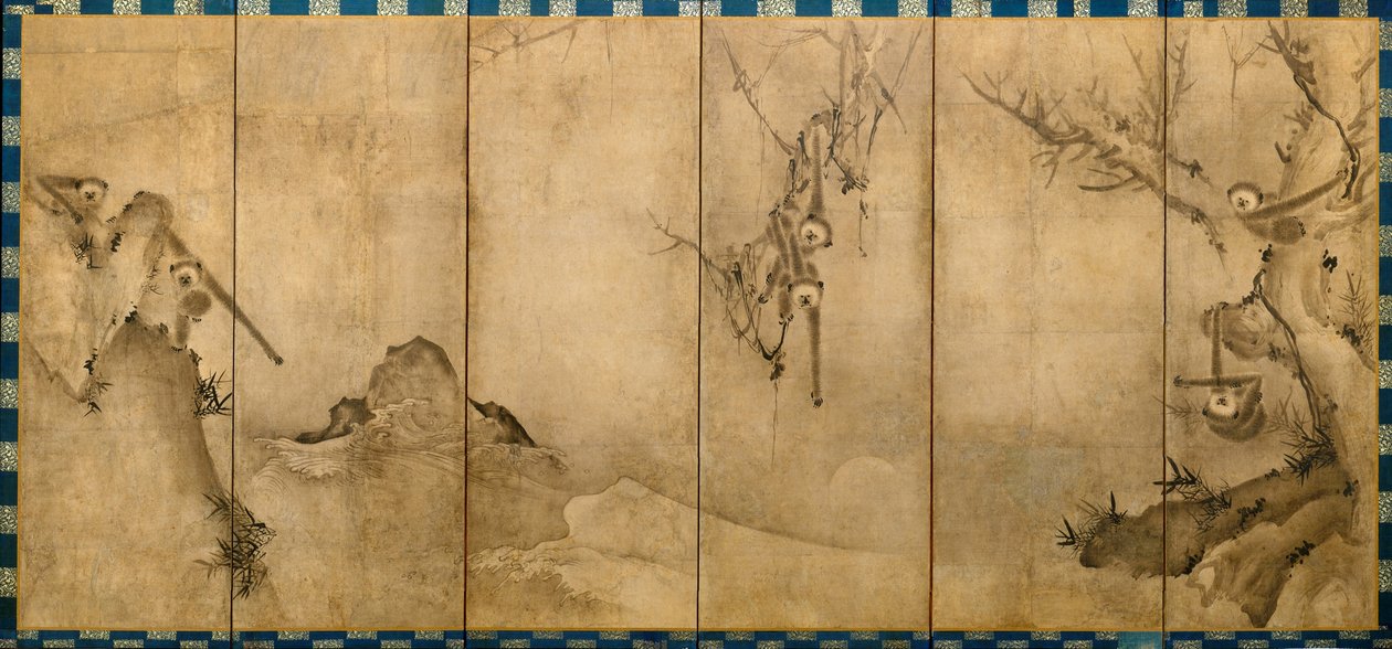 Gibbonit maisemassa, n. 1570 tekijältä Sesson Shkei