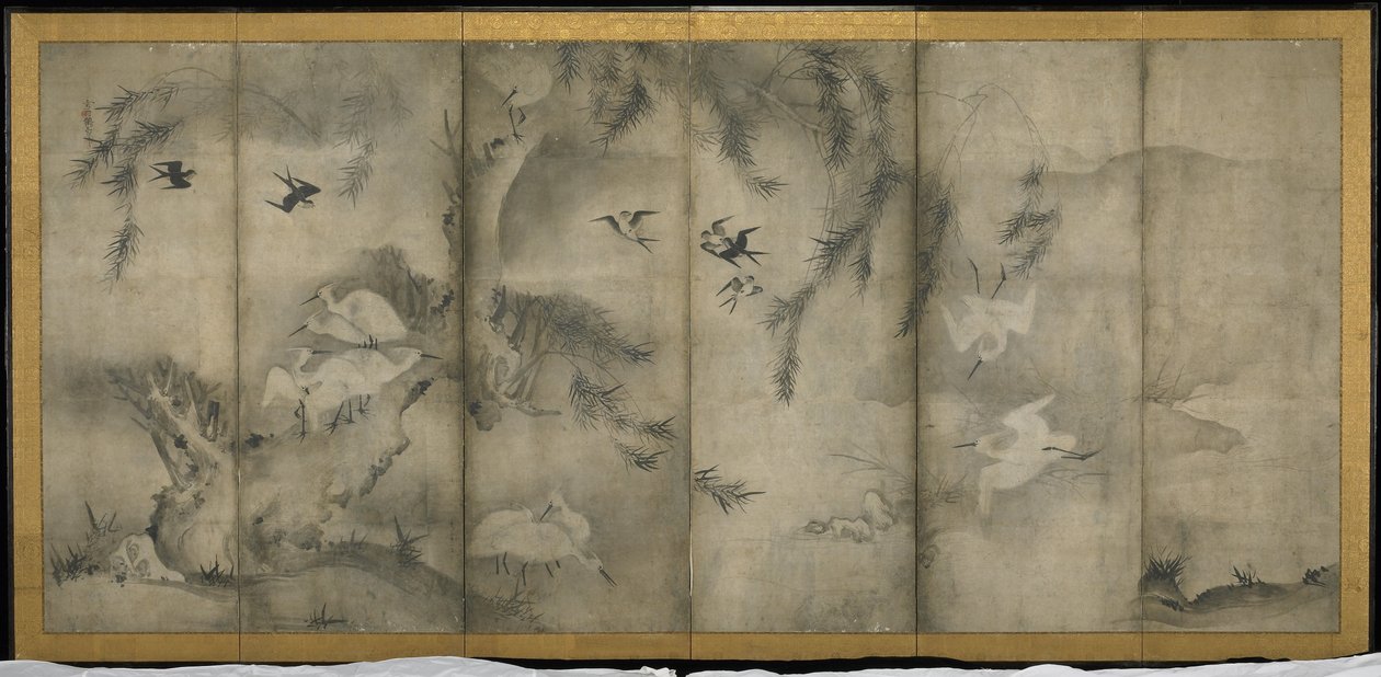 Willow, Egrets in Plum and Willow, kuusiruutuinen taittokangas (muste paperille). tekijältä Sesson Shkei