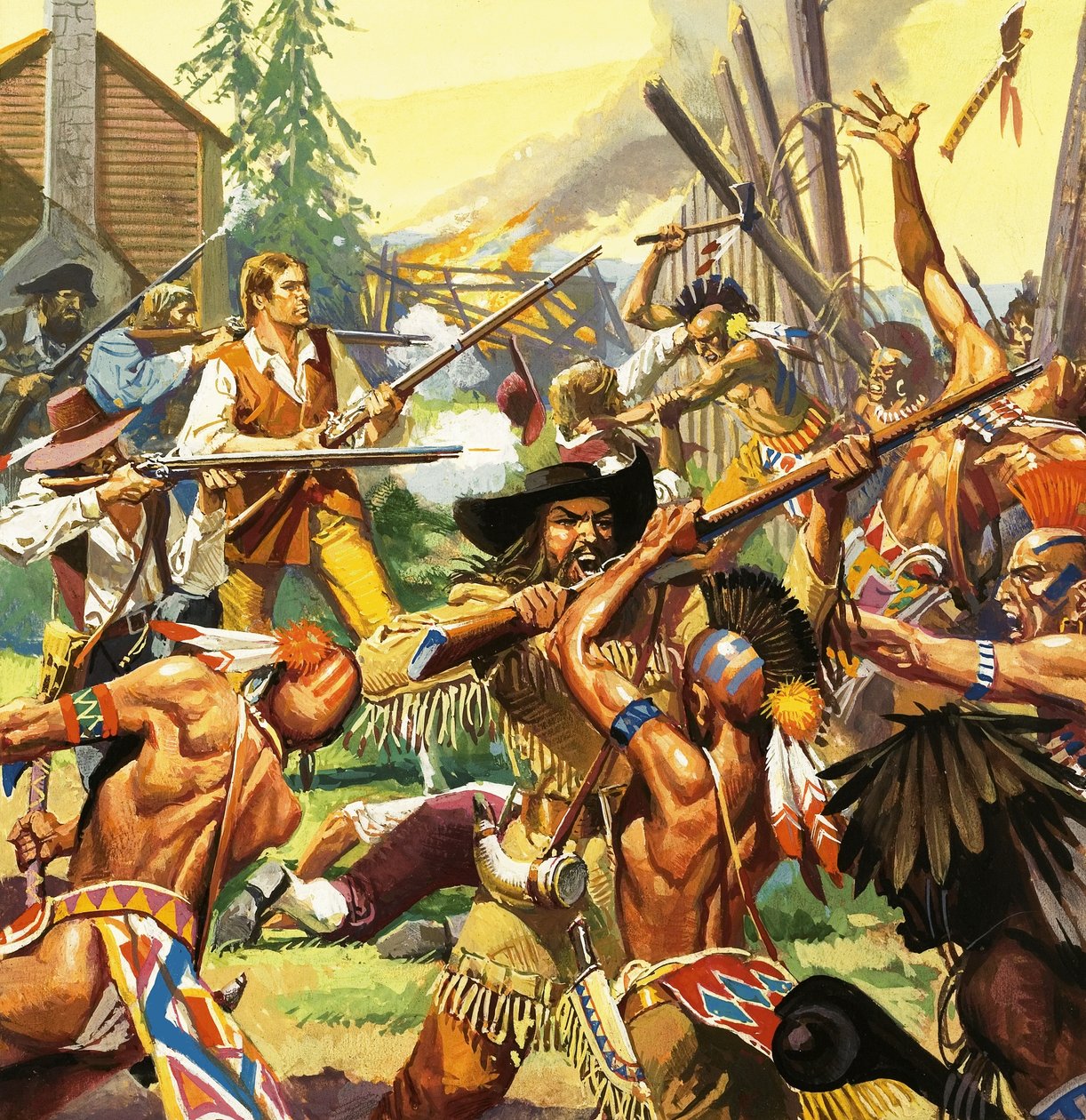 Daniel Boone puolustamassa Kentuckyn kotitilaa hyökkääviltä intiaaneilta. tekijältä Severino Baraldi
