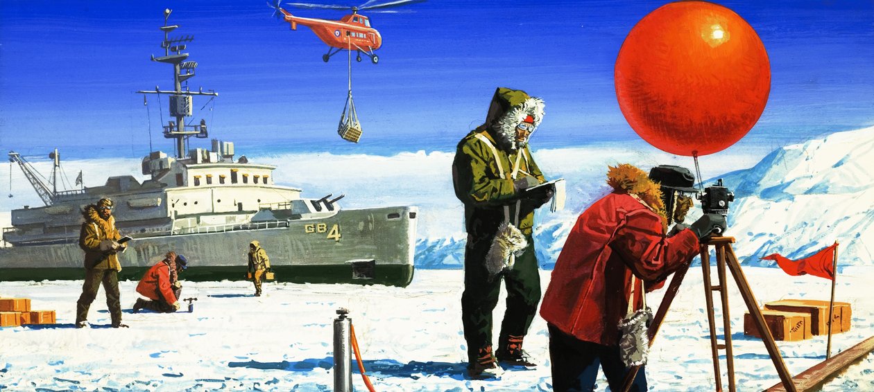 Tohtori Vivian Fuchs tekee tieteellisiä kokeita Etelämantereella. tekijältä Severino Baraldi