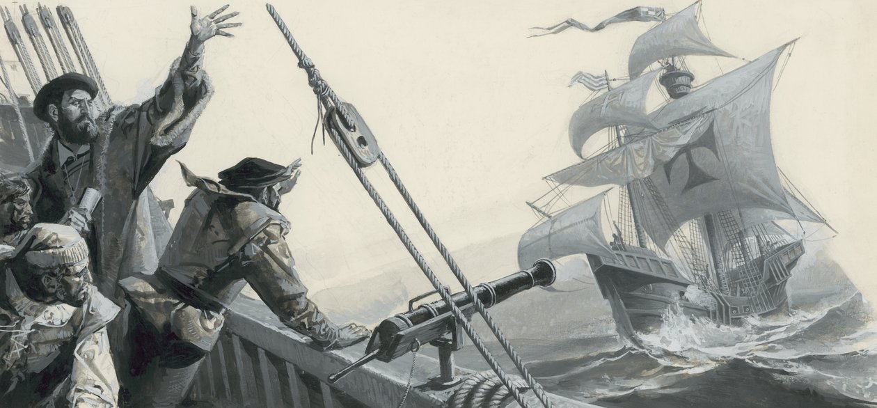 Ferdinand Magellan (1480-1521) Tyynen valtameren löytämisestä (guassi paperille) tekijältä Severino Baraldi