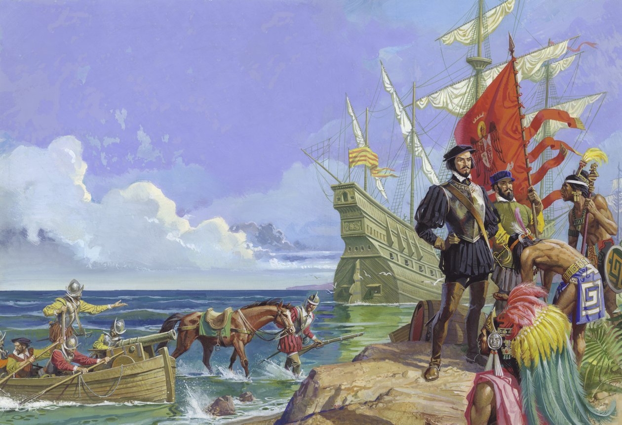 Hernando Cortes saapuu Uuteen maailmaan tekijältä Severino Baraldi