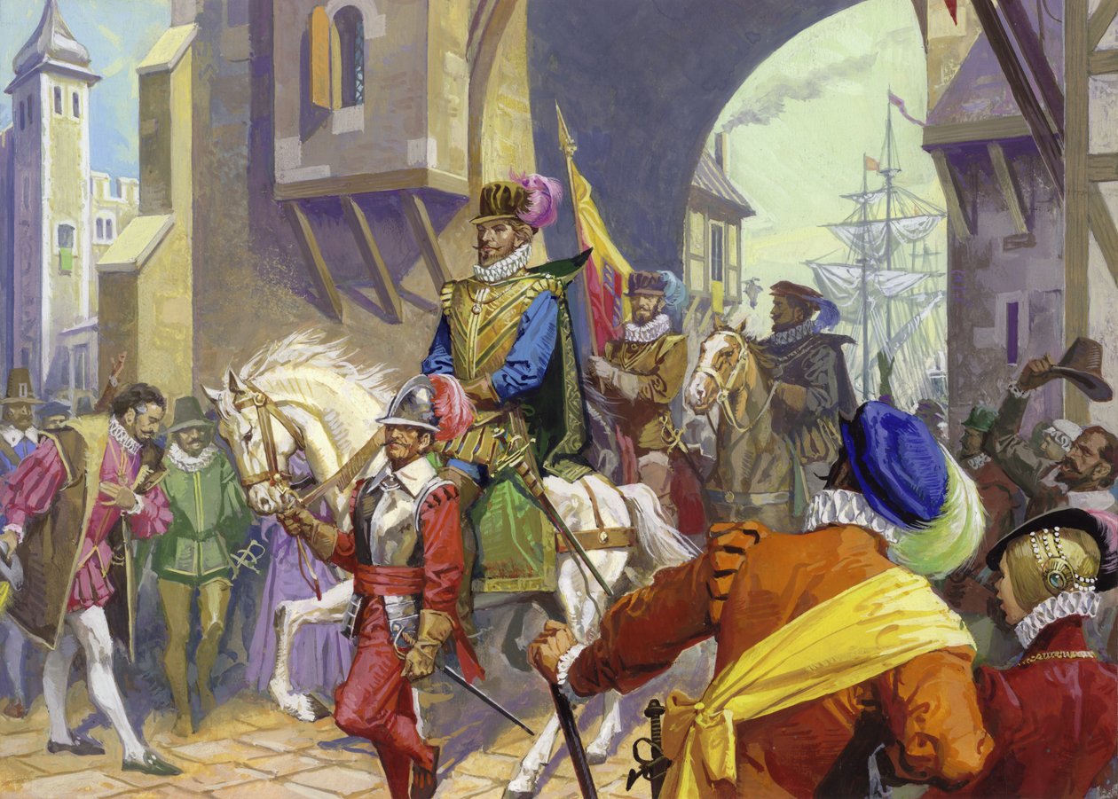 Sir Francis Drake saapuu Plymouthiin (guassi paperille) tekijältä Severino Baraldi