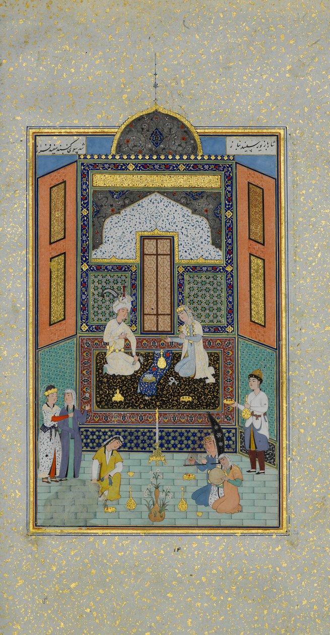 Bahram Gur Valkoisessa palatsissa perjantaina, Folio 235 Khamsa..., A.H. 931A.D. 1524-25 tekijältä Shaikh Zada