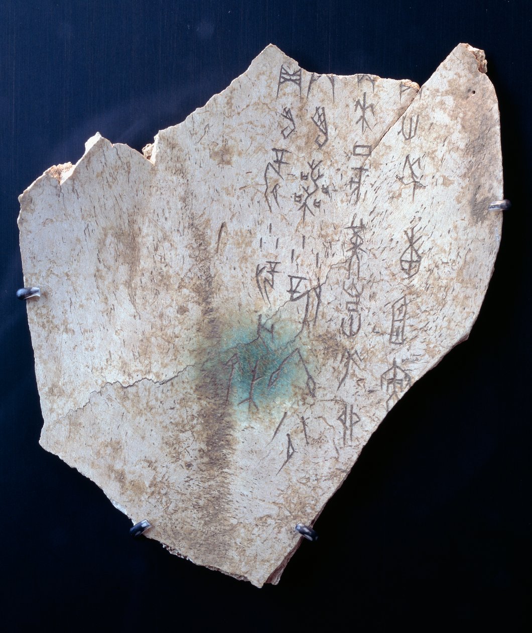 Piktogrammi härän lapaluun rituaalilla vaaran torjumiseksi (luu) tekijältä Shang Dynasty Chinese School