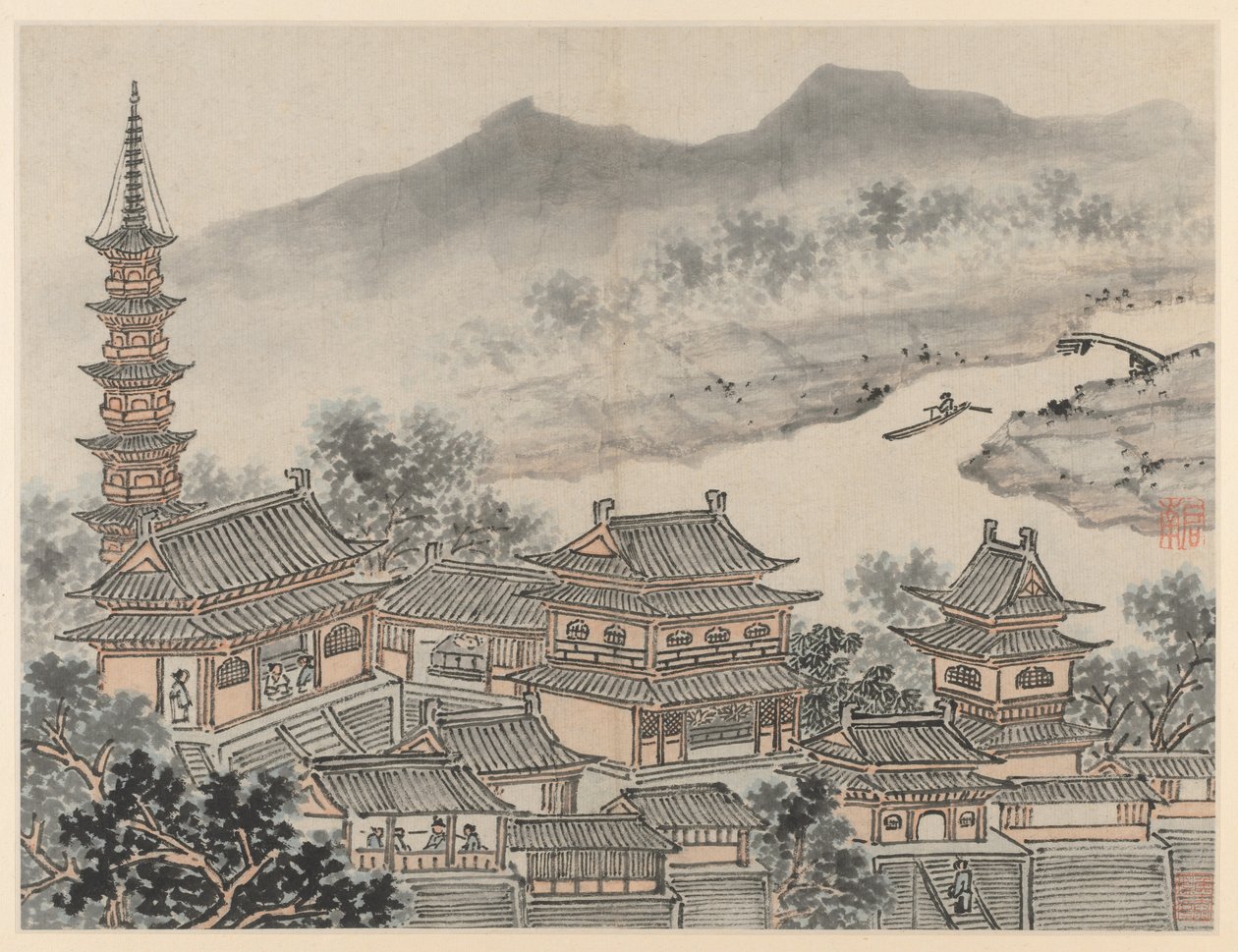 Kaksitoista näkymää Tiger Hillille, Suzhou: Tuhannen Buddha Hall ja "Cloudy Cliff" -luostarin pagodi tekijältä Shen Zhou