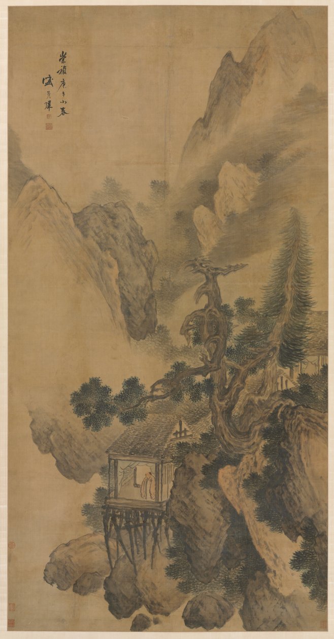 Lonely Retreat, josta on näkymät sumuiseen laaksoon, 1630. tekijältä Sheng Maoye