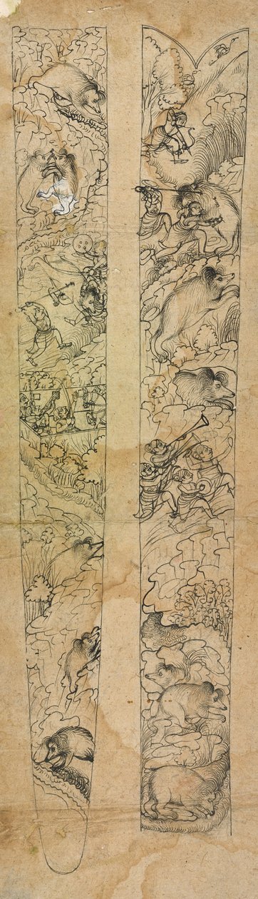 Raja metsästää villisikoja, suunnittelu huotralle, n. 1750-1760 (läpinäkymätön akvarelli paperille) tekijältä Shevdar (attr.to) Gangeyagi
