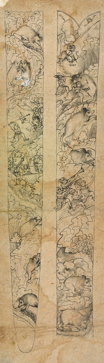Raja metsästää villisikoja, suunnittelu huotralle, n. 1750-1760. tekijältä Shevdar Gangeyagi
