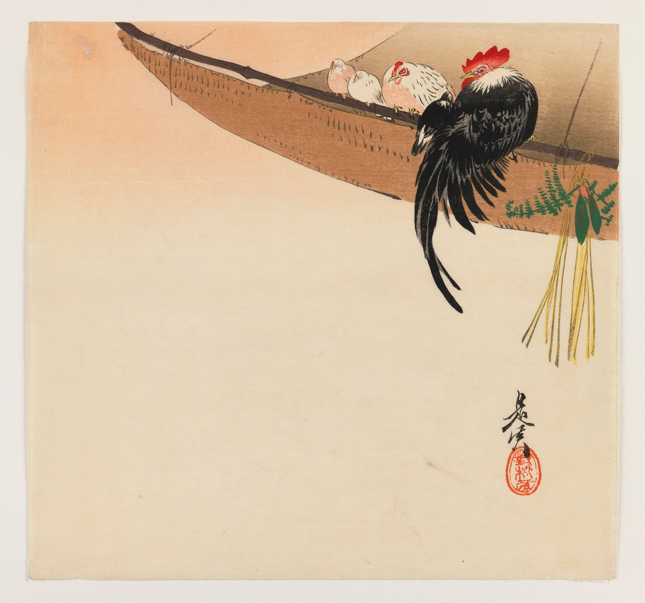 Kanat ja kukko riippumatolla sarjasta Hana Kurabe, n. 1880 (puupalikkaväripainatus) tekijältä Shibata Zeshin