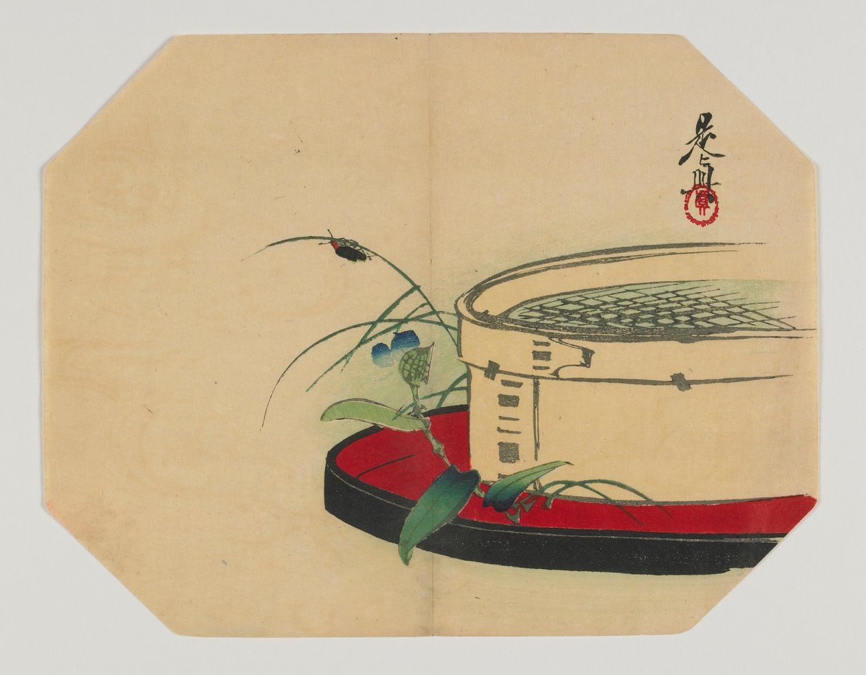 Tuloste uchiwaa varten; tulikärpänen kukkivalla kasvilla, bambusiivilä, Meiji-kausi, 1800-luvun loppupuoli (väripuupiirros) tekijältä Shibata Zeshin