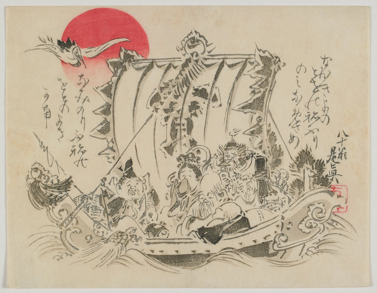 Seitsemän onnenjumalaa aarrelaivassa, Meijin aikakausi, 1800-luvun loppu (värillinen puupainatus) tekijältä Shibata Zeshin