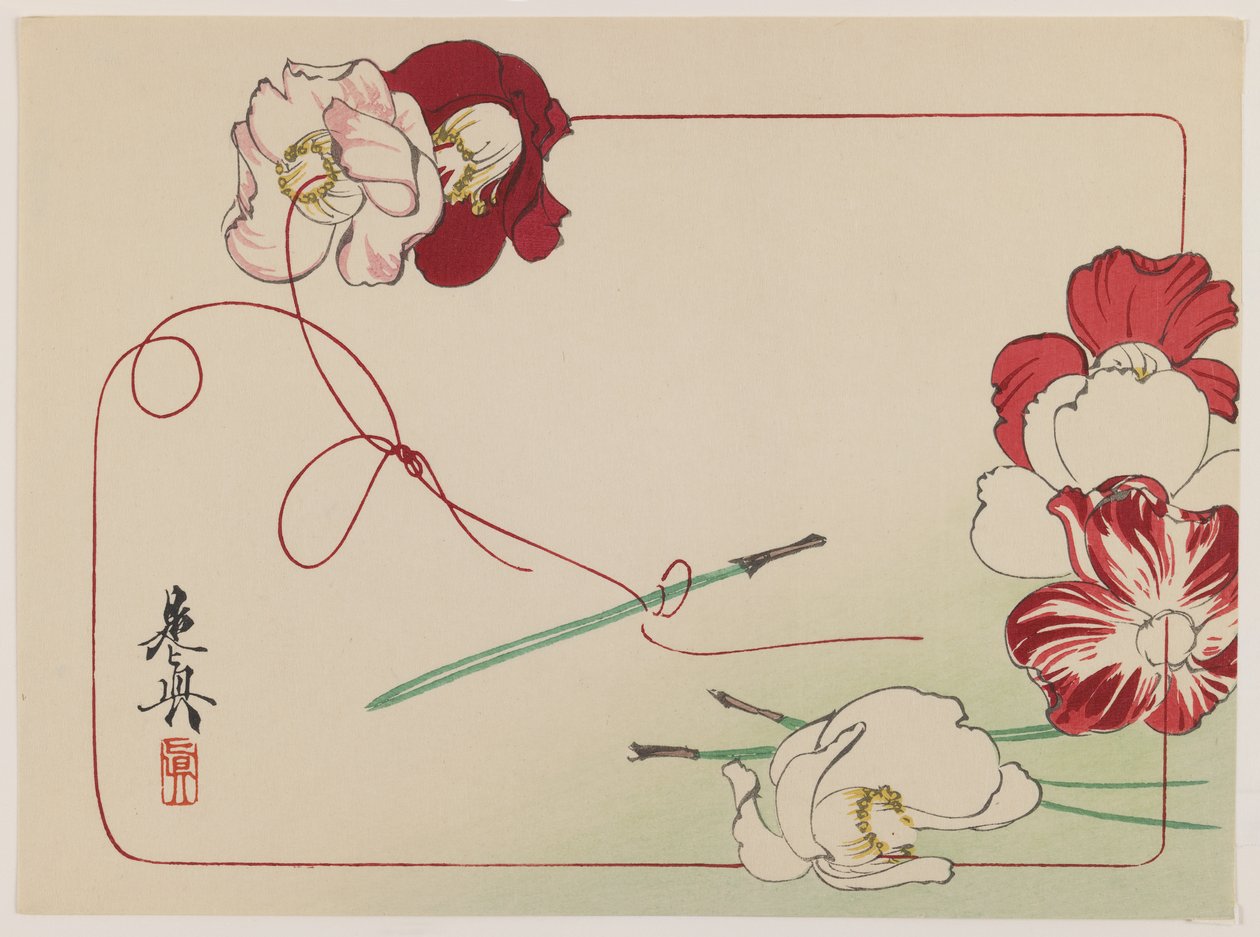 Stringing Poppies, sarjasta Comparison of Flowers, n. 1875-1890 (värillinen puupainatus paperille) tekijältä Shibata Zeshin