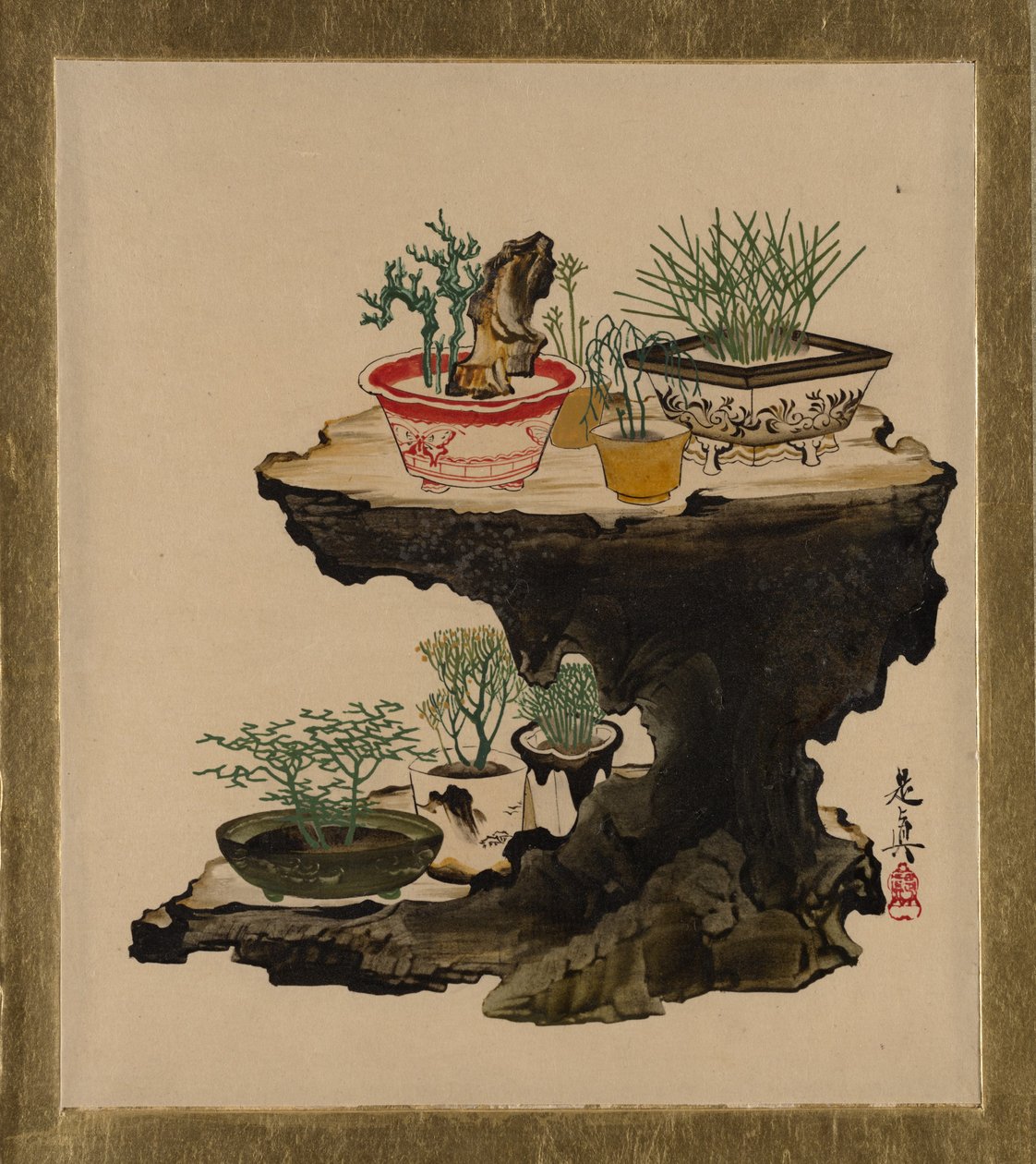 Lakkamaalauksia eri aiheista: Bonsai, 1882. tekijältä Shibata Zeshin