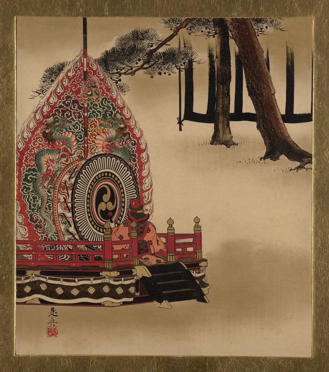 Lakkamaalauksia eri aiheista: Rumpu Gagaku-tanssiin, 1882. tekijältä Shibata Zeshin