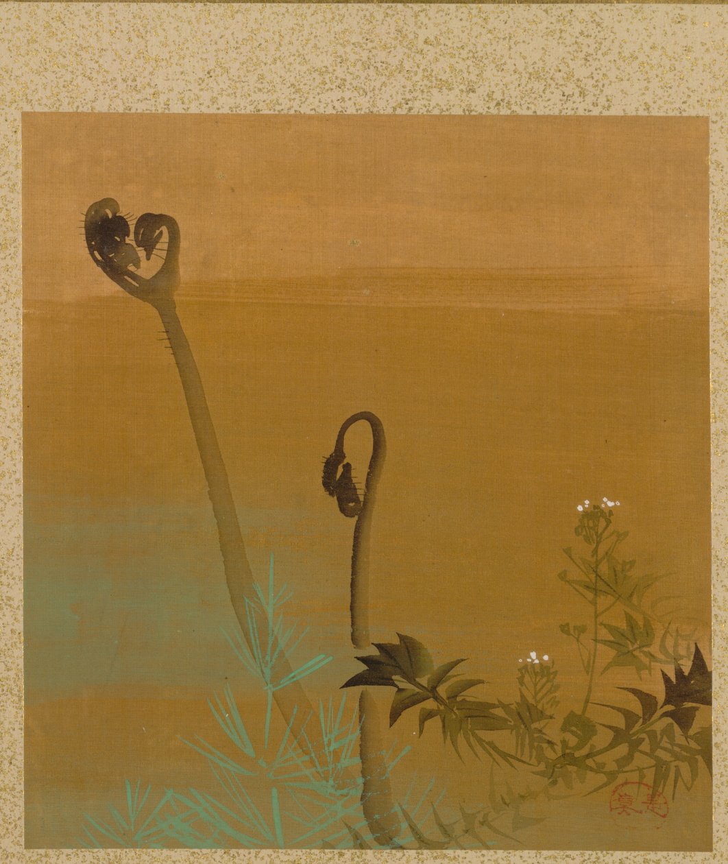 Lehti kausiteemojen albumilta: Birds in Snow, 1847. tekijältä Shibata Zeshin
