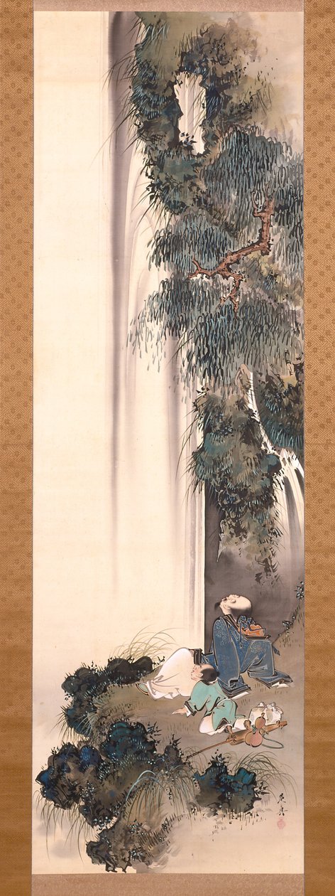 Li Bai katselee vesiputousta (mustetta ja väriä silkillä) tekijältä Shibata Zeshin