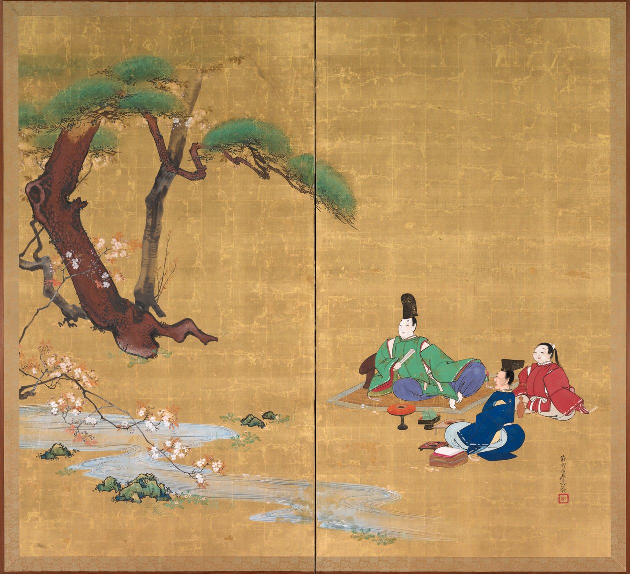 Narihira katselemassa kirsikankukkia 1800-luvun lopulla. tekijältä Shibata Zeshin