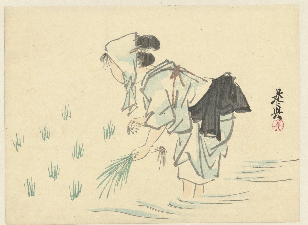 Riisiä istuttava nainen tekijältä Shibata Zeshin