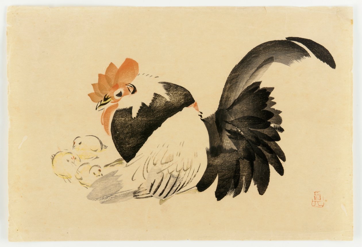 Kukko, kana ja poikaset, Meijin aikakausi, 1870-79 (värillinen puupainatus) tekijältä Shibata Zeshin