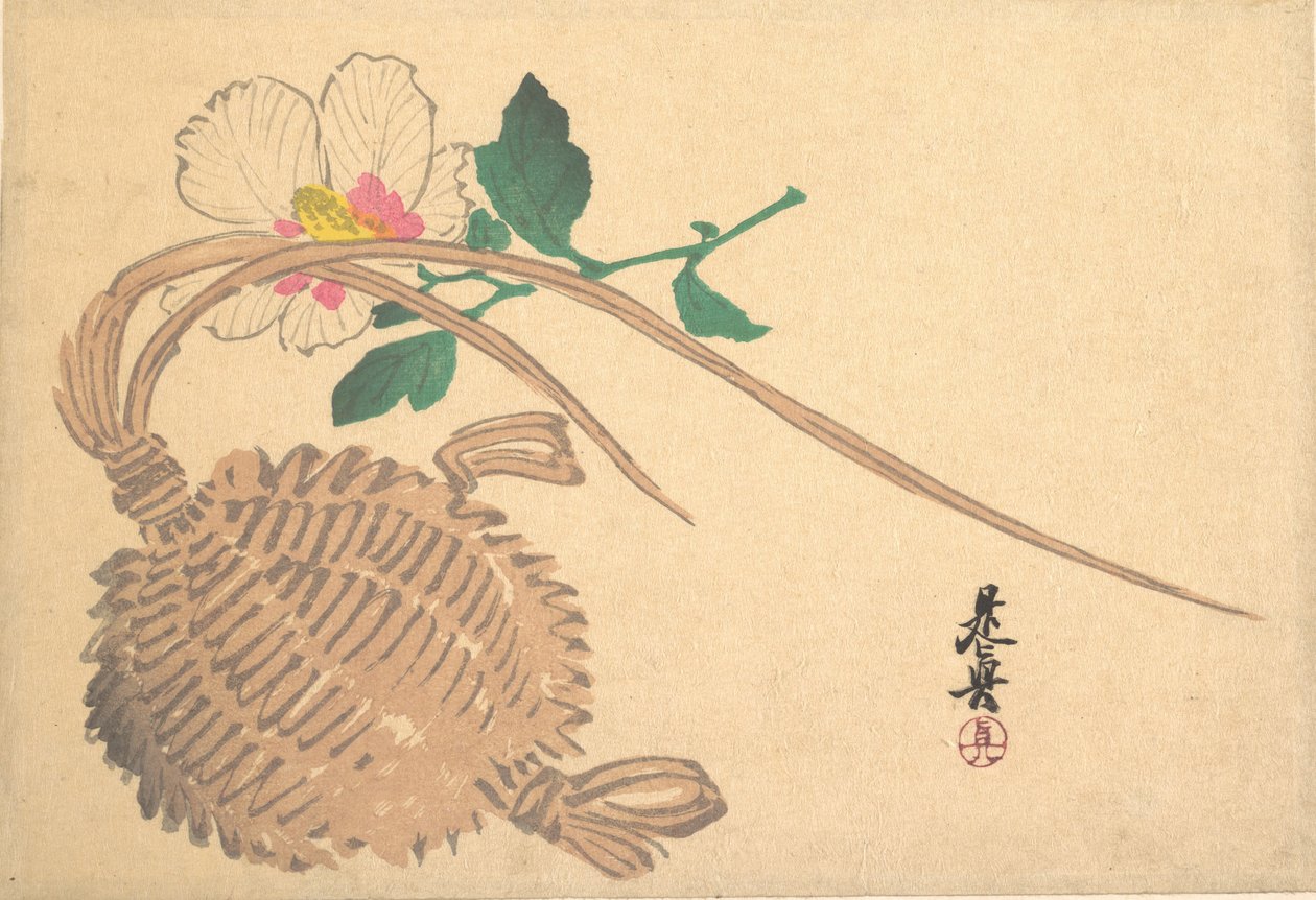 Olkikori kalalle ja Mokuge Flowerille, n. 1875, n. 1875. tekijältä Shibata Zeshin