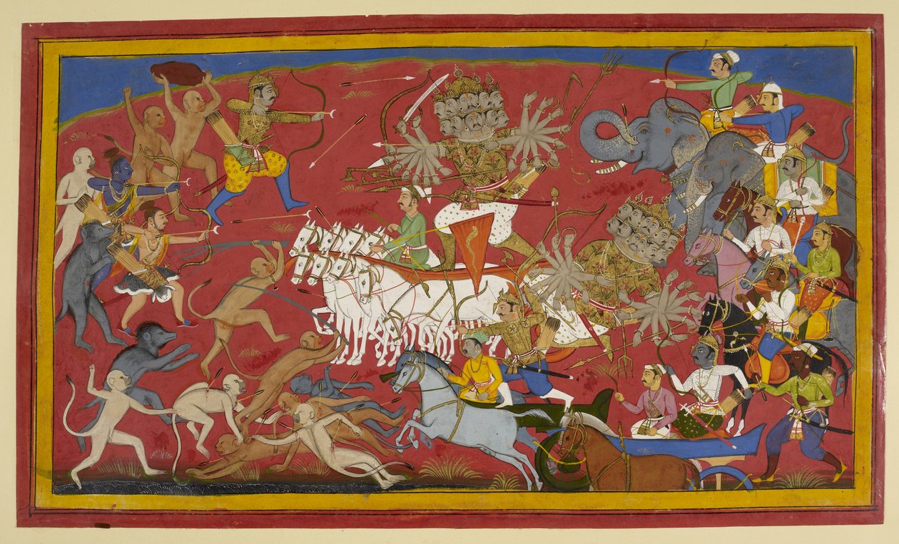 Lisätä. 15297 (1) f.141v Taistelee kymmenenpäistä demonikuningas Ravanaa, "Ramayanaa" vastaan tekijältä Unbekannt