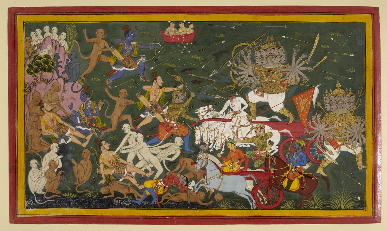 Lisätä. 15297 (1) f.142r Taistelee kymmenenpäistä demonikuningas Ravanaa, "Ramayanaa" vastaan tekijältä Unbekannt