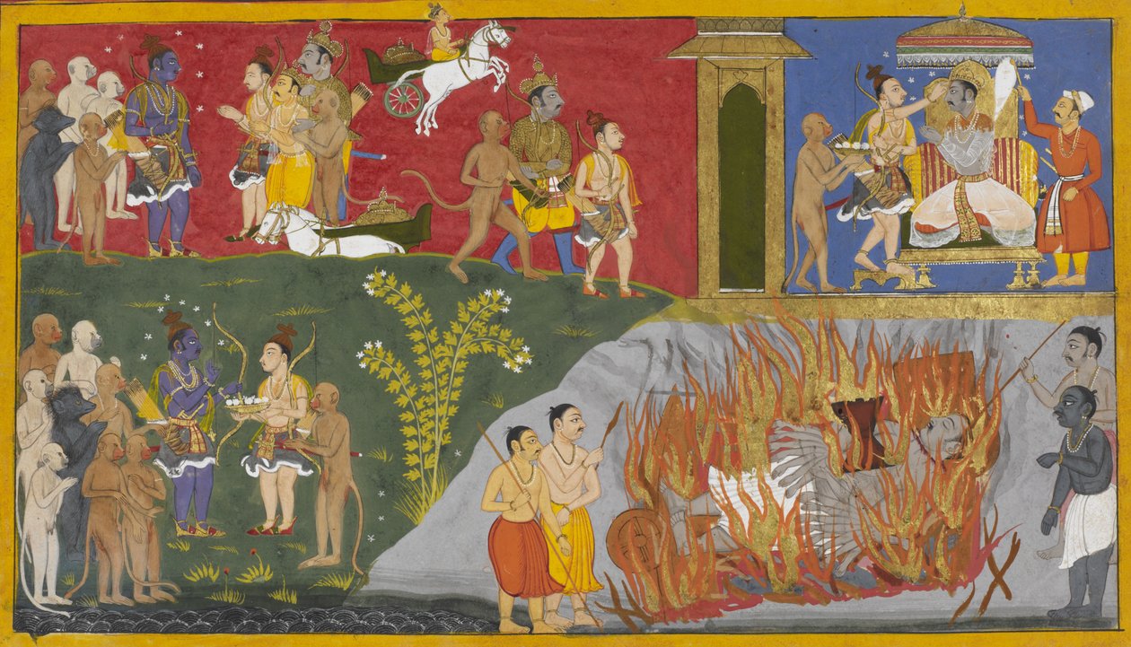 Bibhishana sytyttää Ravanan hautaustulen, ja Lakshmana tarjoaa pinda-kakkuja Ramalle. tekijältä Sahibdin