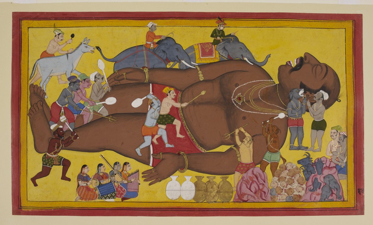 Demonit herättävät nukkuvan Kumbhakarṇan taistelemaan Rāmaa vastaan. tekijältä S?hibdin S?hibdin