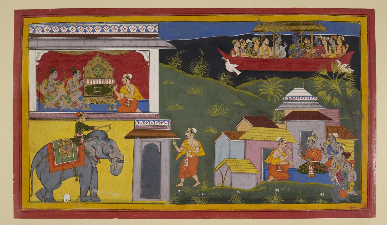 Hanumān ilmoittaa Juhalle, Bharatalle ja Śatrughnalle Rāman paluusta maanpaosta. tekijältä Sahibdin