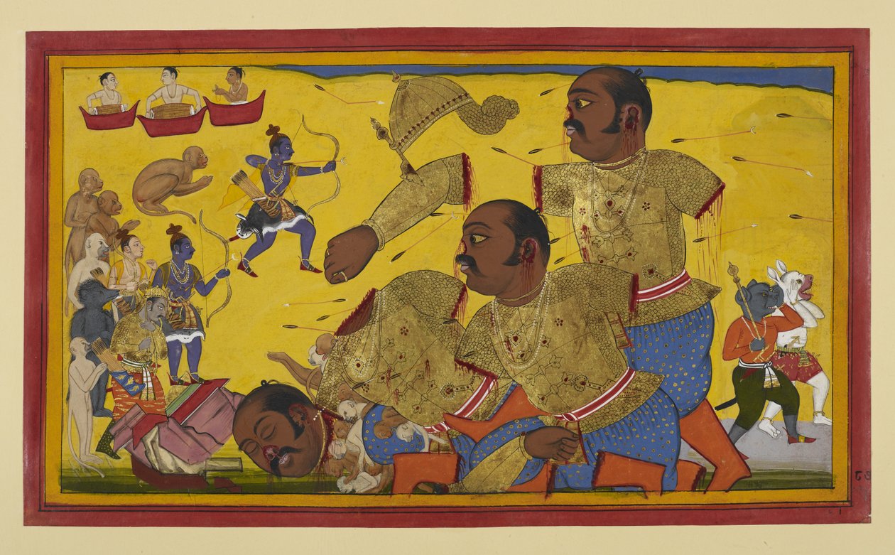 Rāma tappaa Kumbhakarṇan; liittolaiset iloitsevat, kun taas Vibhīṣaṇa suree. tekijältä Sahibdin