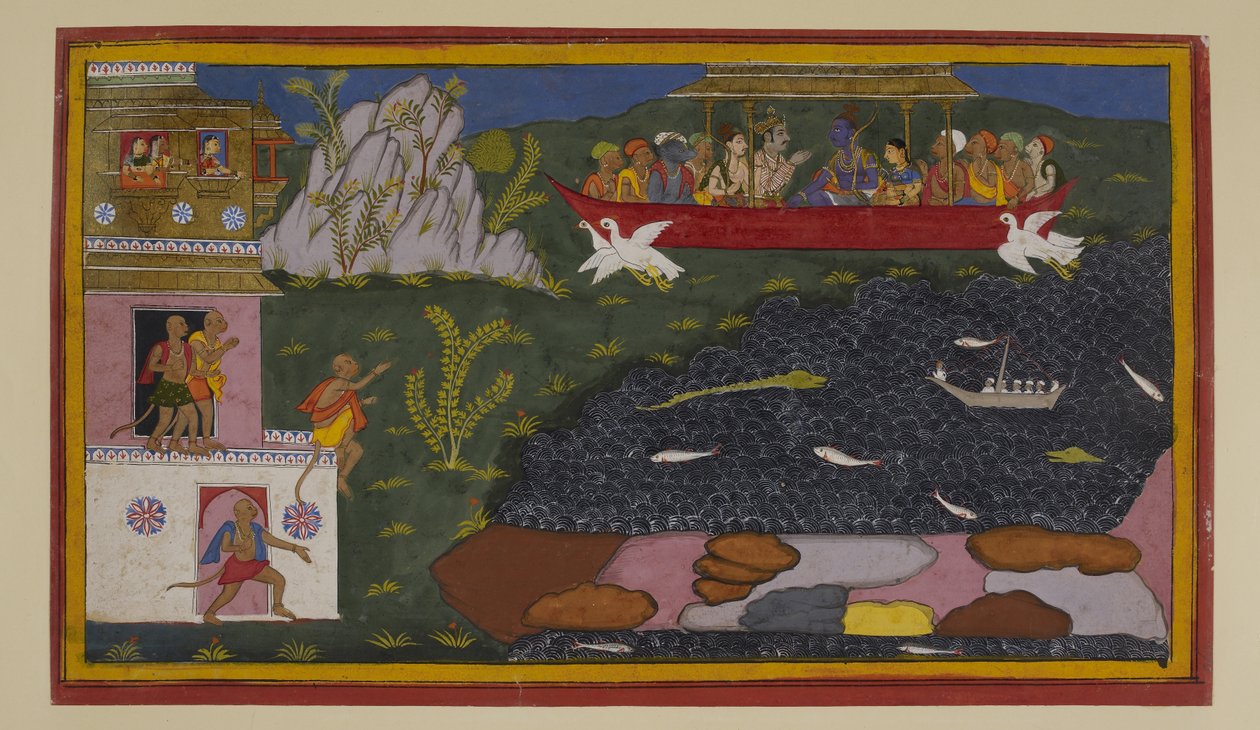 Rāma näyttää Sītālle heidän menneisyytensä; apinat Kiṣkindhassa liittyvät heidän kotimatkalleen. tekijältä Sahibdin