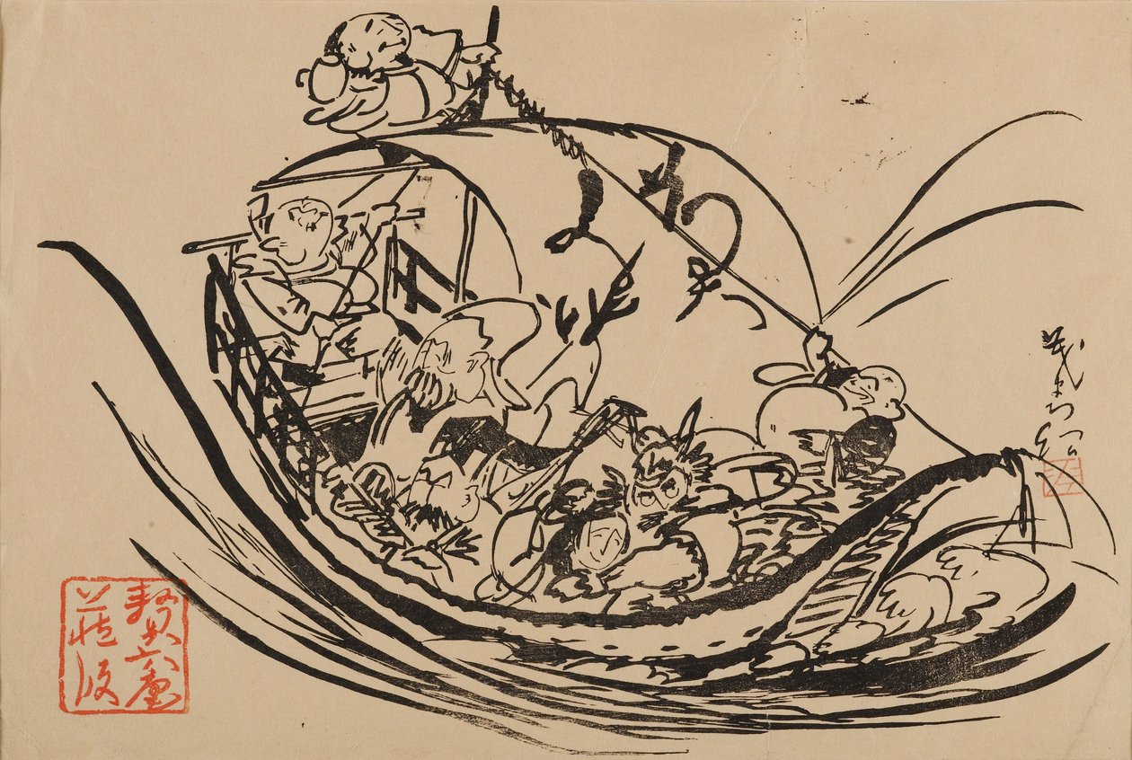 Puukiviprintti - Takarabune, 1800-luku tekijältä Shigematsu Enrosai