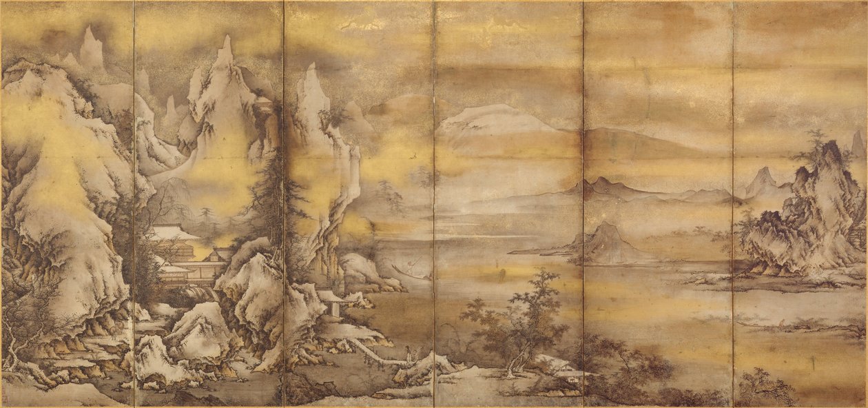 Japanese: 『式部輝忠筆 四季山水図屏風 室町時代 』 Maisema neljästä vuodenajasta, yksi parista (Aasian taidemuseo B60D49+). tekijältä Shikibu Terutada