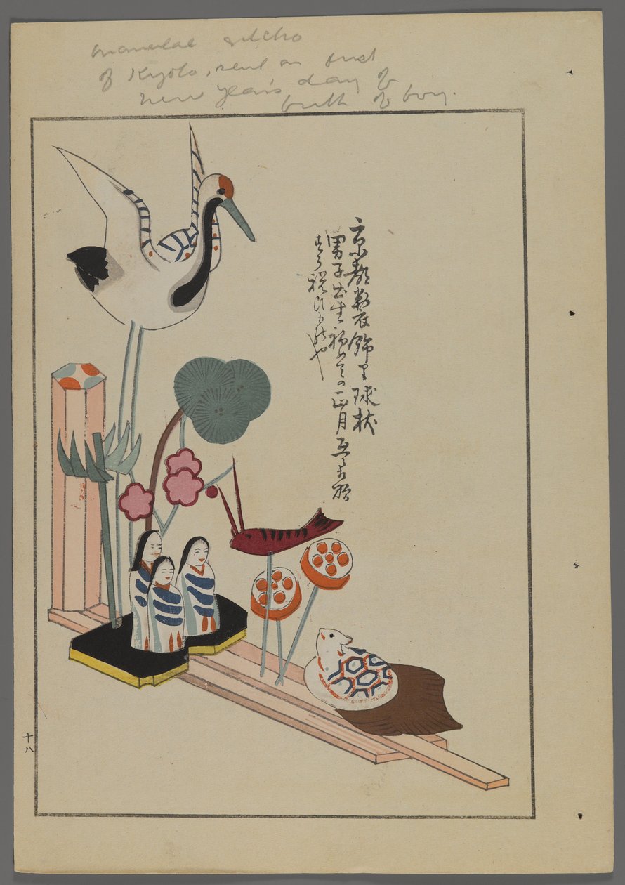 Japanilaiset lelut, Shimizu Seifun Unai no tomo (A Childs Friends), 1891-1923. Animoitu kohtaus nosturista, ihmisistä, kaloista, sammakosta, lähetetty pojan syntymän ensimmäisenä uudenvuodenpäivänä. tekijältä Shimizu Seifu