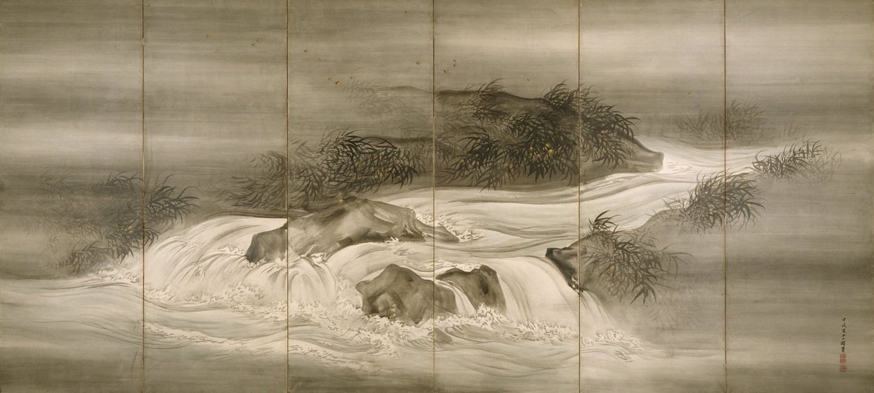 Jokimaisema tulikärpästen kanssa, 1874 tekijältä Shiokawa Bunrin