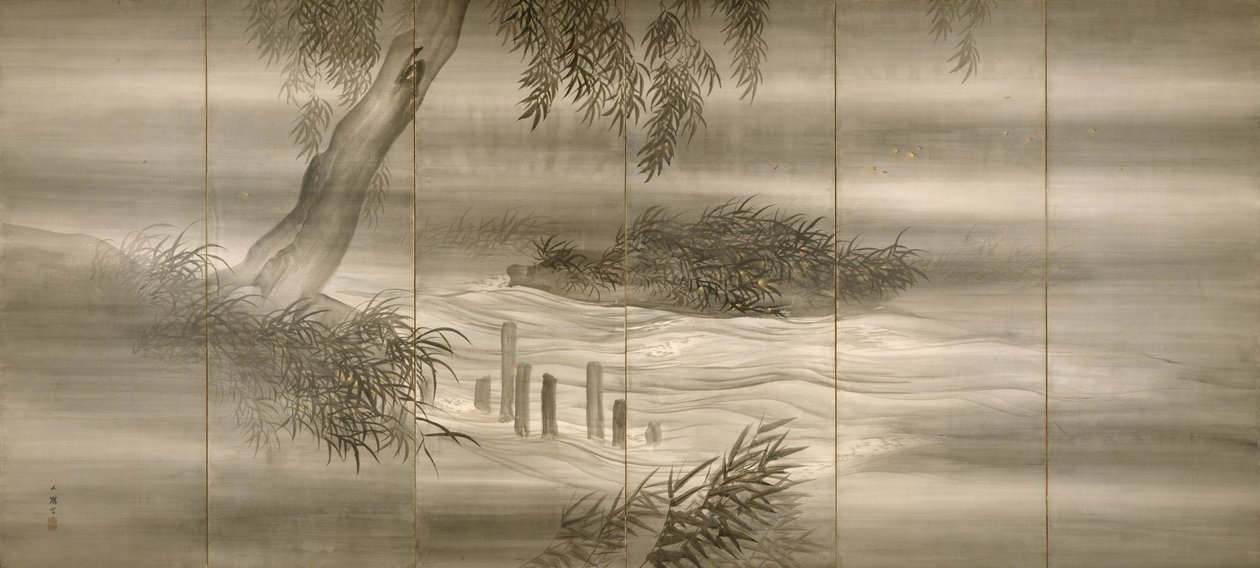 Jokimaisema tulikärpästen kanssa, 1874 tekijältä Shiokawa Bunrin