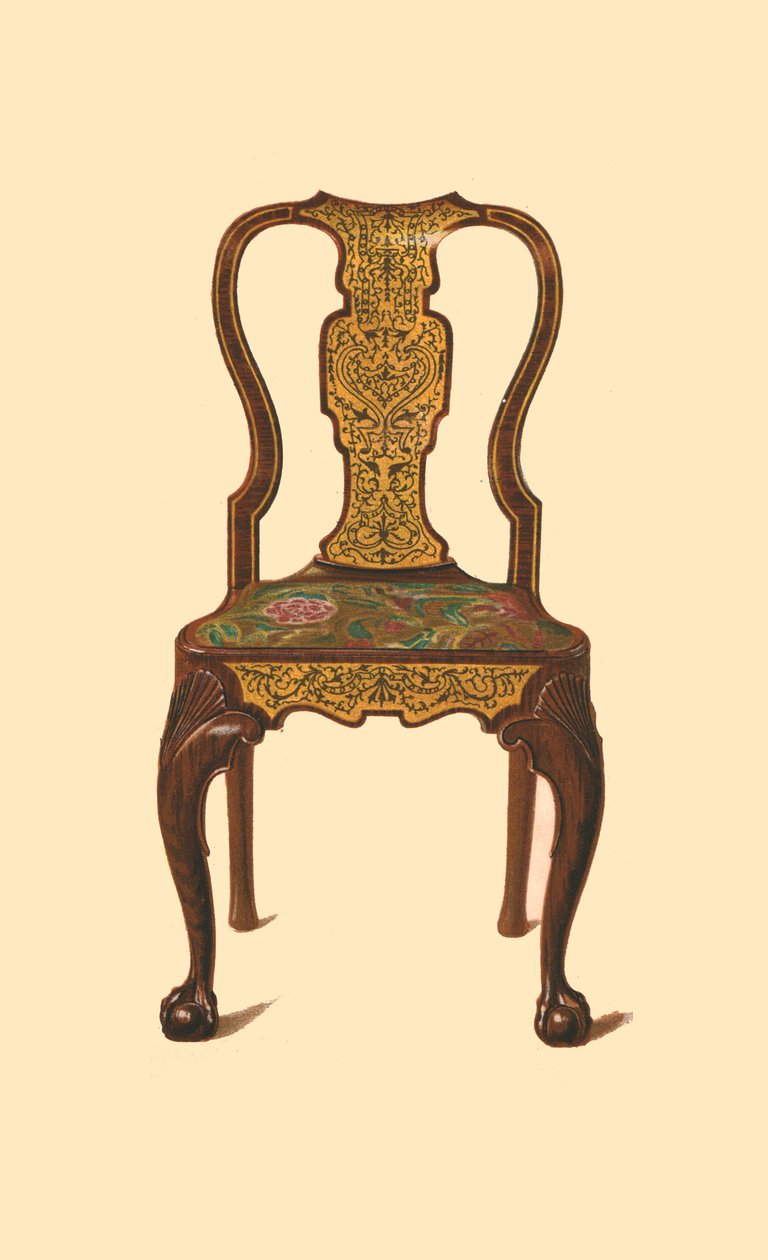 Pähkinäpuutuoli, intarsia, 1905 tekijältä Shirley Charles Llewellyn Slocombe