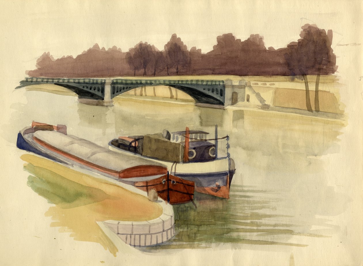 Proomut Thames-joella lähellä Battersea Bridgeä, Lontoo, vuodelta 1951. tekijältä Shirley Markham