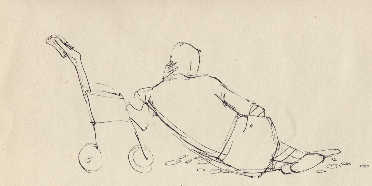 Mies nojaa rattaita vasten rannalla, c1950. tekijältä Shirley Markham