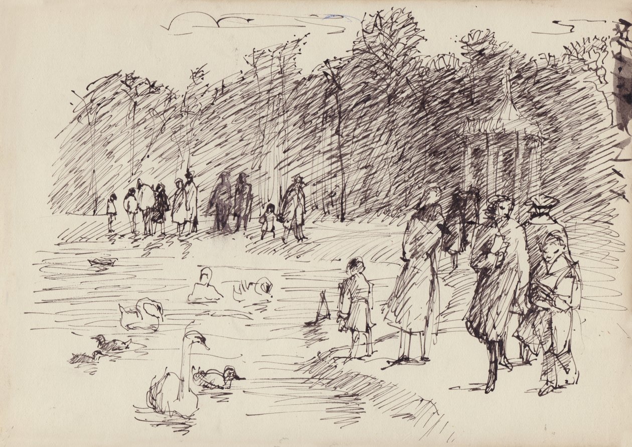 Swans on the Round Pond Kensington Gardensissa Lontoossa, vuonna 1950. tekijältä Shirley Markham