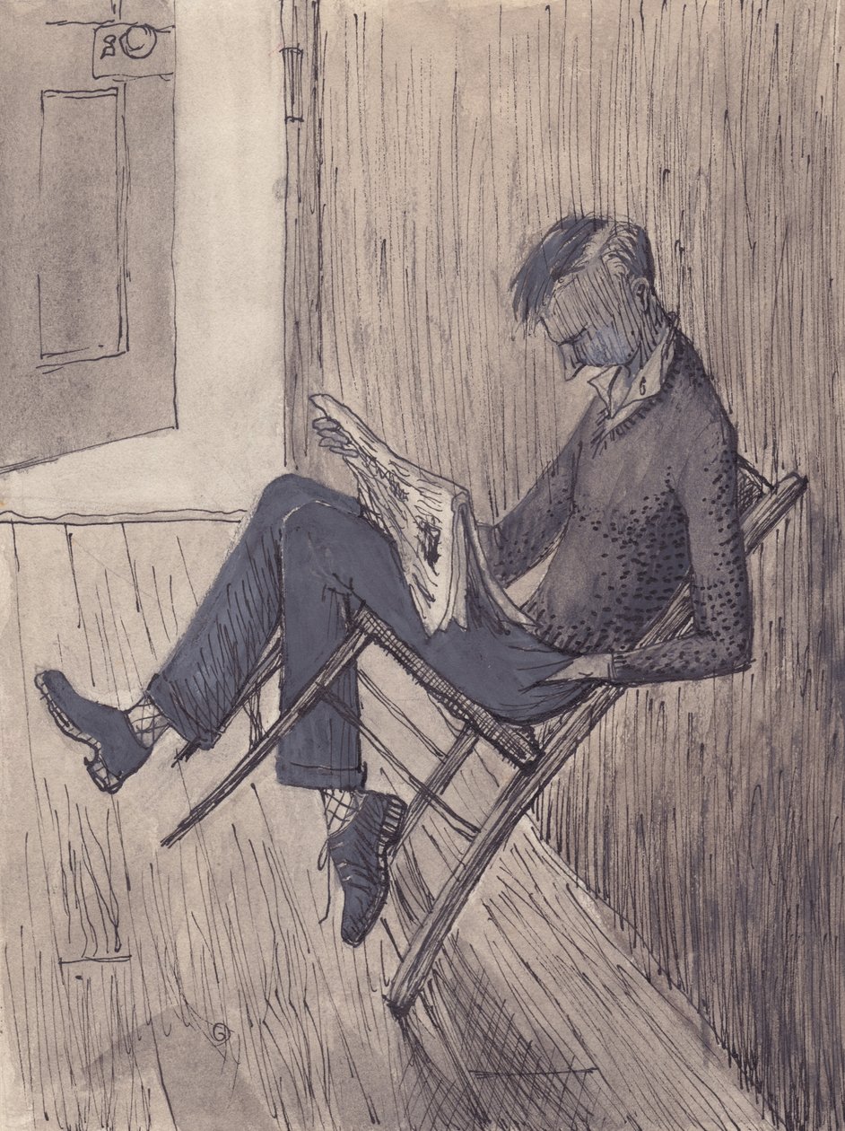 Nuori mies nojaa tuoliaan seinää vasten, 1952. tekijältä Shirley Markham