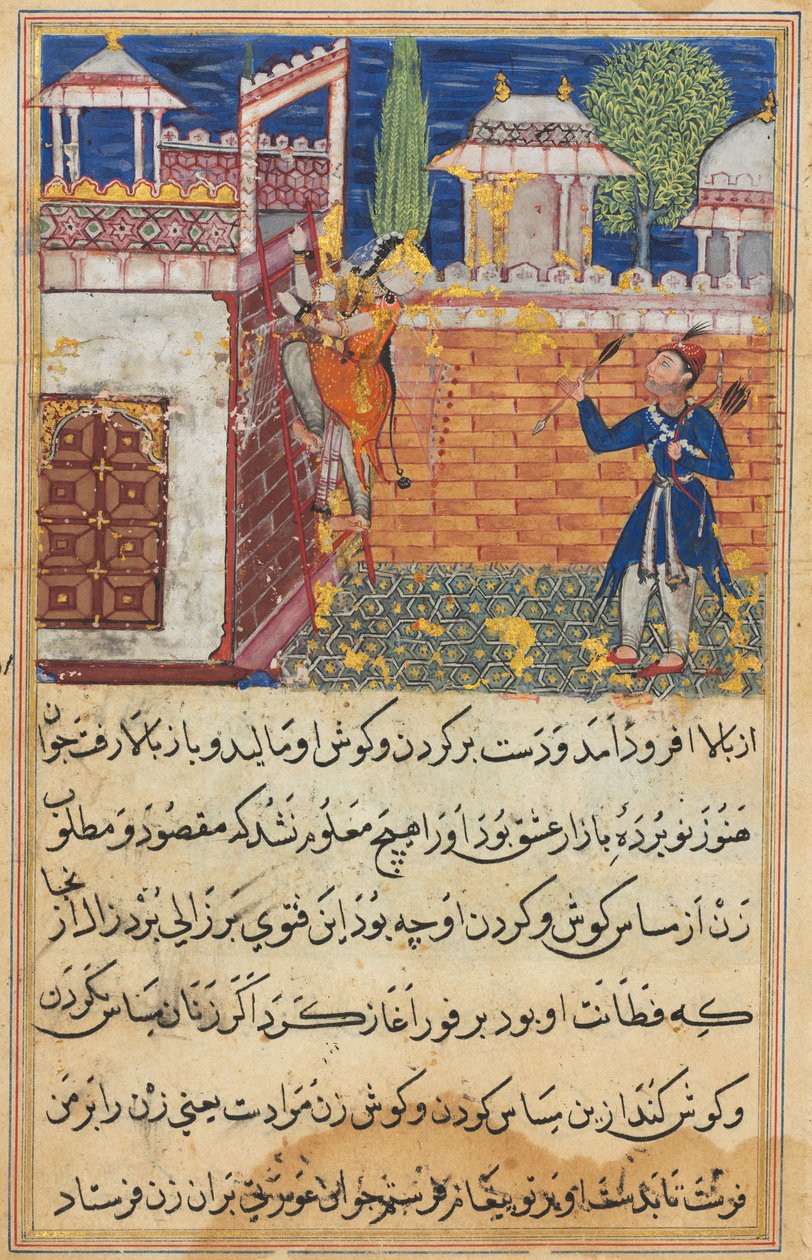 Sivu julkaisusta Tales of a Parrot Tuti-nama: Kahdeksas yö: Petollinen vaimo palaa..., 1558-1560. tekijältä Shravana