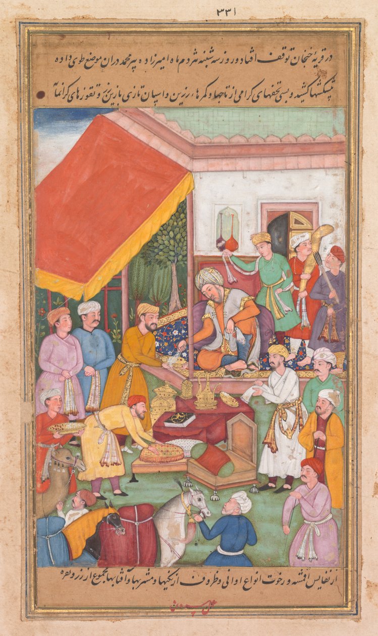 Timur jakaa lahjoja pojanpojaltaan, Multanin prinssiltä, Zafar-namasta..., 1598-1600. tekijältä Shravana