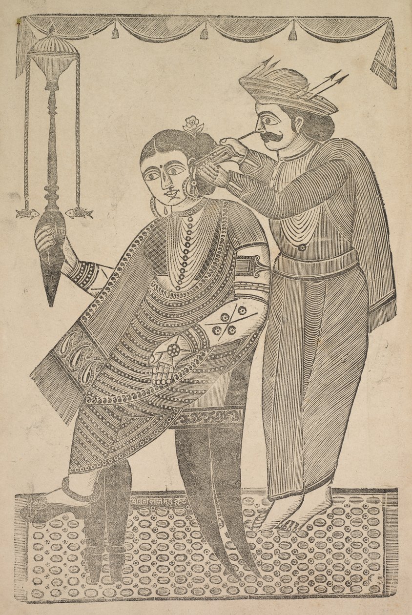 Parturi puhdistamassa kurtisaanin korvaa, 1800-luku. tekijältä Shri Gobinda Chandra Roy
