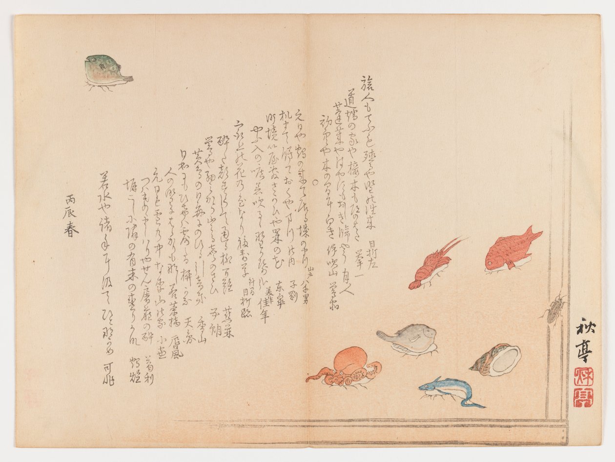 Erilaisia kaloja, kevät 1855 (puupainatus, Chûban yoko-e -muoto) tekijältä Shûtei Tanaka
