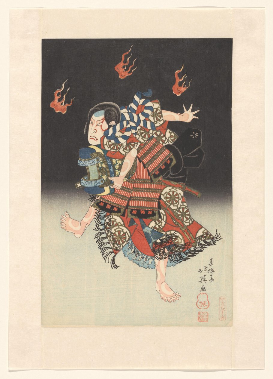 Nakamura Shikan II as de vos (kitsune) Genkurô in het toneelstuk "Hanayagura hitome senbon", Naka Theater tekijältä Shunbaisai Hokuei